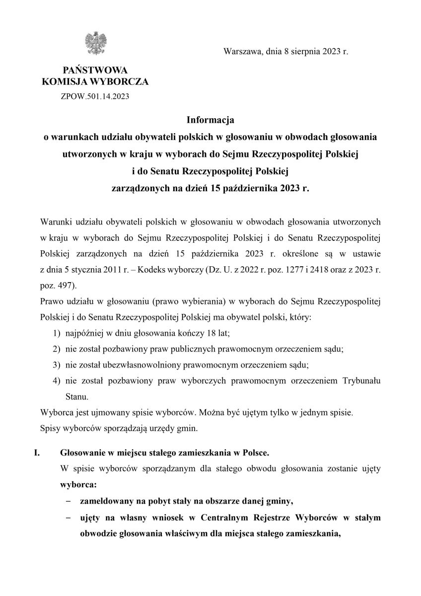 Zdjęcie: Informacja o warunkach udziału obywateli polskich w głosowaniu w obwodach głosowania utworzonych w kraju w wyborach do Sejmu Rzeczypospolitej Polskiej i do Senatu Rzeczypospolitej Polskiej zarządzonych na dzień 15 października 2023 r.