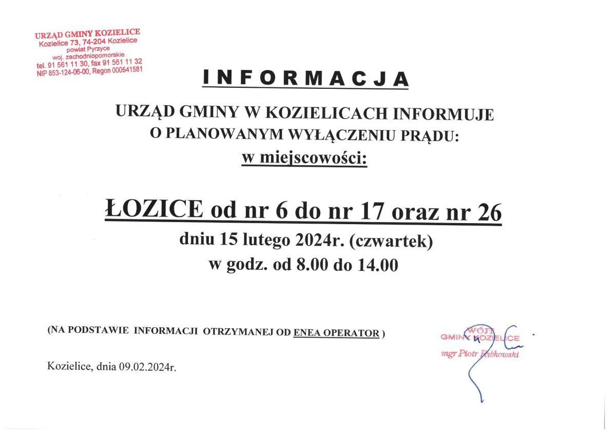 Zdjęcie: Informacja o planowanym wyłączeniu prądu