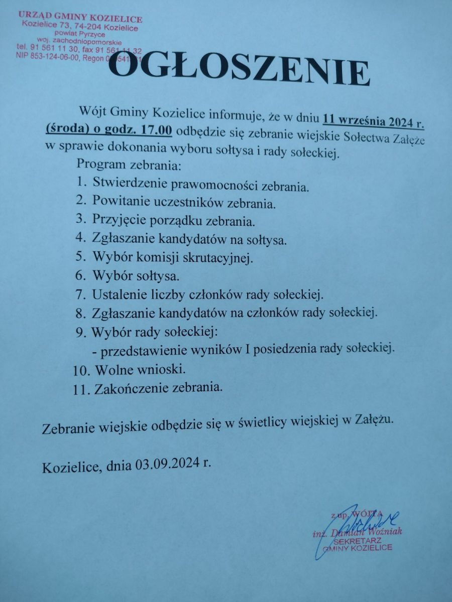 Zdjęcie: OGŁOSZENIE zebranie wiejskie Załęże