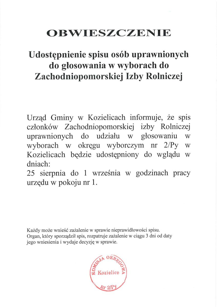 Zdjęcie: Obwieszczenie udostępnienie spisu osób uprawnionych do głosowania w wyborach do Zachodniopomorskiej Izby Rolniczej