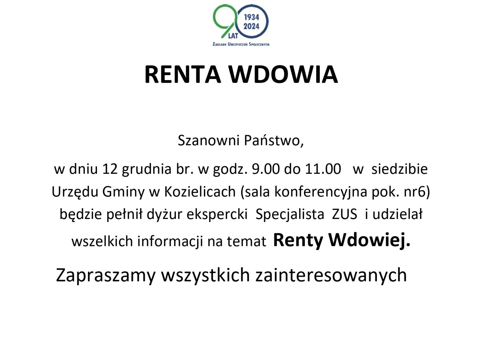 Zdjęcie: RENTA WDOWIA dyżur ekspercki ZUS