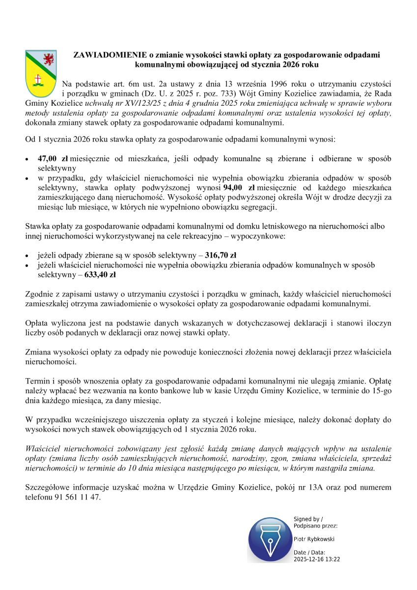 Zdjęcie: ZAWIADOMIENIE o zmianie wysokości stawki opłaty za gospodarowanie odpadami komunalnymi obowiązującej od stycznia 2026 roku