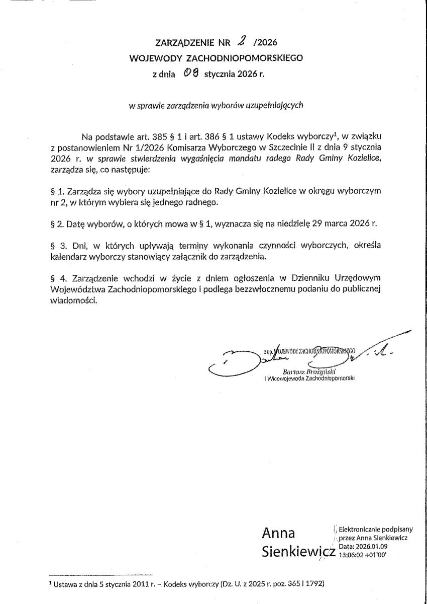 Zdjęcie: ZARZĄDZENIE NR 2/2026 WOJEWODY ZACHODNIOPOMORSKIEGO z dnia 09 stycznia 2026 r.