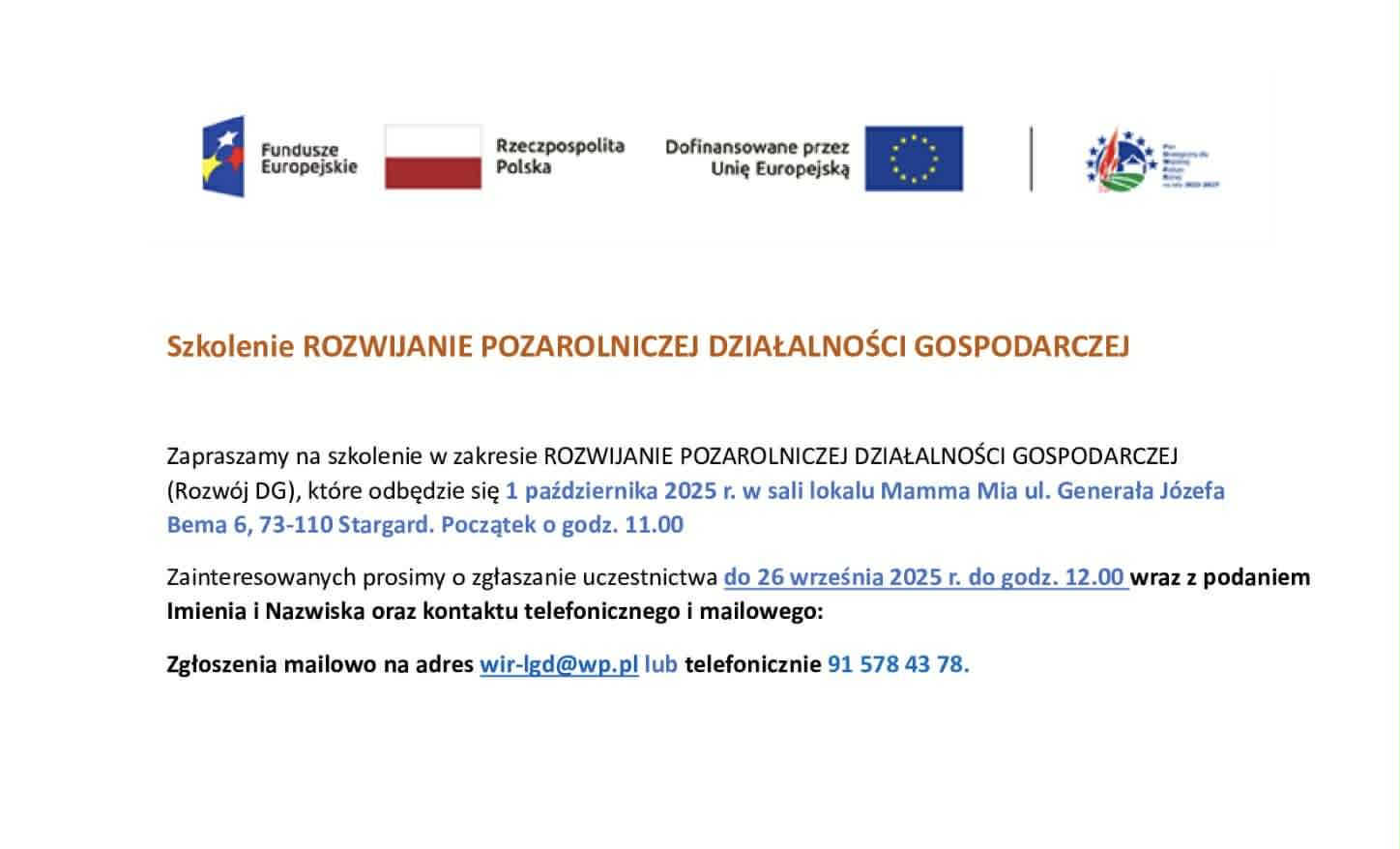 Zdjęcie: Szkolenie - ROZWIJANIE POZAROLNICZEJ DZIAŁALNOŚCI GOSPODARCZEJ