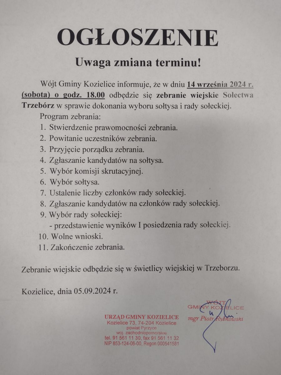 Zdjęcie: OGŁOSZENIE - zebranie wiejskie w Trzeborzu