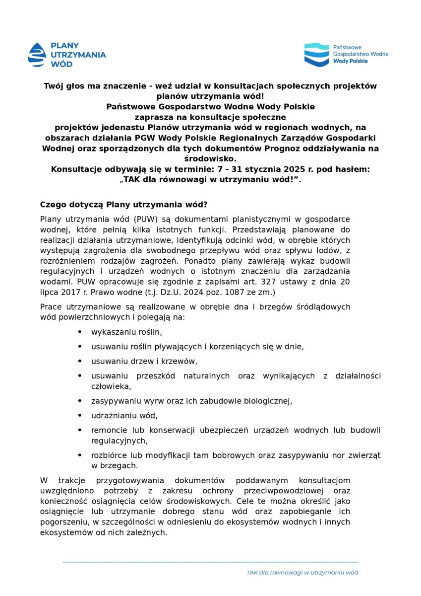 Zdjęcie: W imieniu Państwowego Gospodarstwa Wodnego Wody Polskie zapraszamy na konsultacje społeczne projektów jedenastu Planów utrzymania wód w regionach wodnych, na obszarach działania PGW Wody Polskie Regionalnych Zarządów Gospodarki Wodnej oraz sporządzonych dla tych dokumentów Prognoz oddziaływania na środowisko