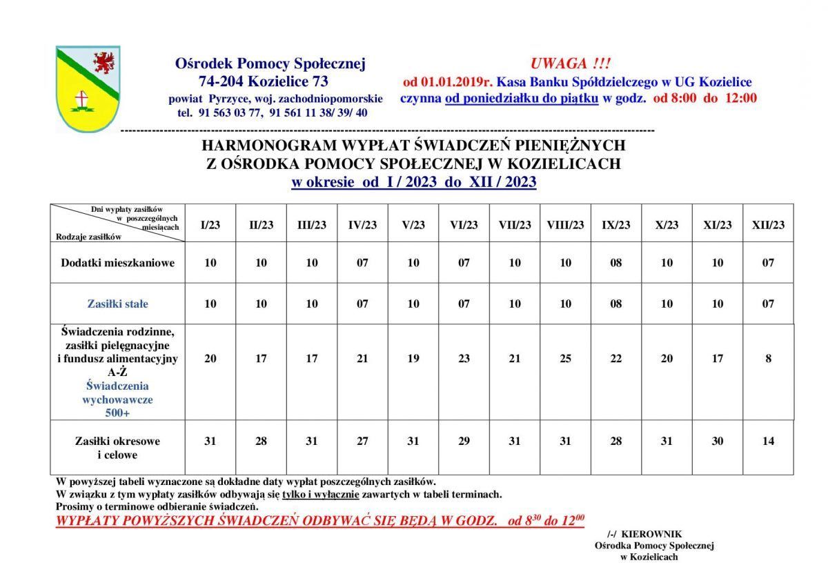 Harmonogram wypłat świadczeń 2023